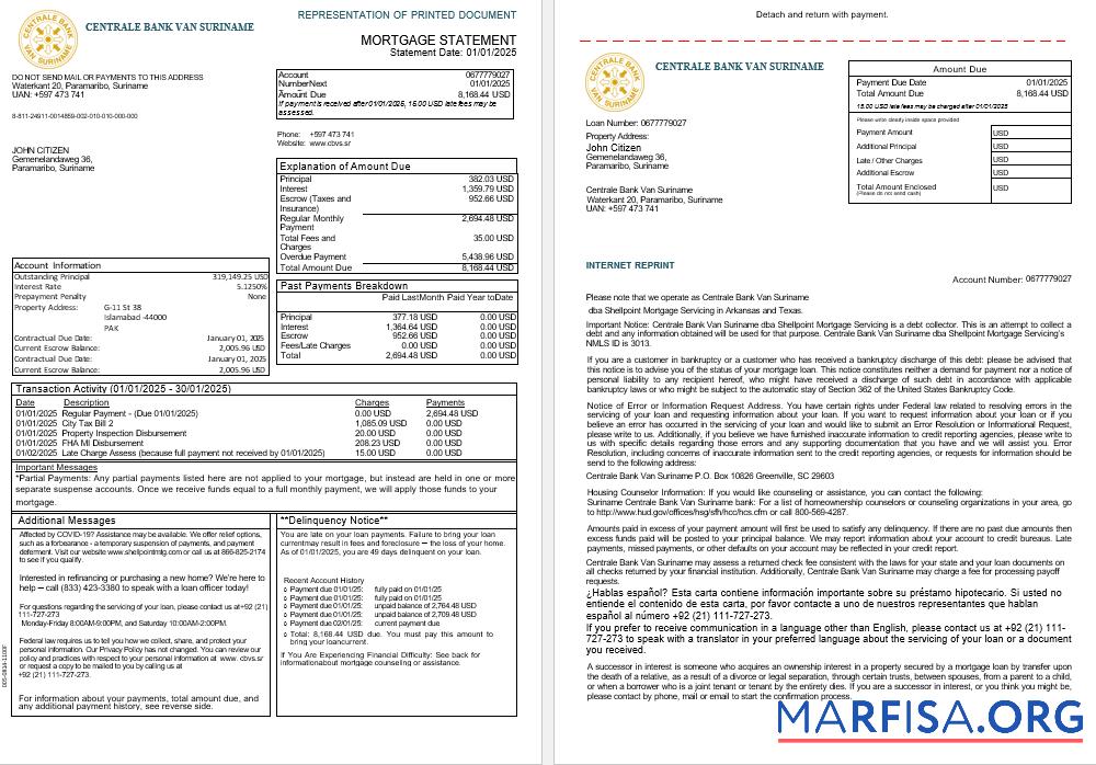Downloadable Suriname Centrale Bank Van Suriname bank mortgage statement in Word and PDF formats, 3 pages 1 2 download for verification